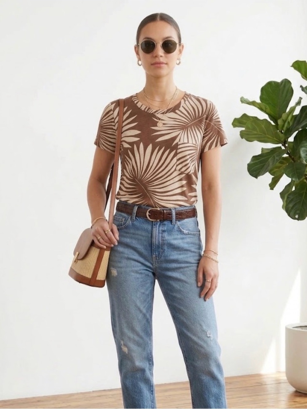 Sanctuary One Pocket Palm Leaf Print Short Sleeve T-Shirt